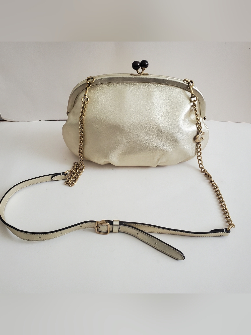 Coach Soft Kisslock Leather Clutch Gold Metallic Brass